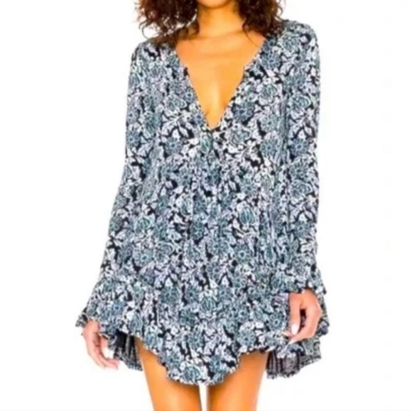 Free People Olivia Jersey Tunic Dress Blue Floral Plunging V-neck Ruffled Hem SM - Picture 3 of 15